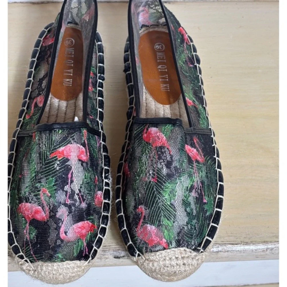 Mei Qi‎ Yi Ku Women Flamingo Tropical Lace Mesh Espadrille Flats Black Green 39